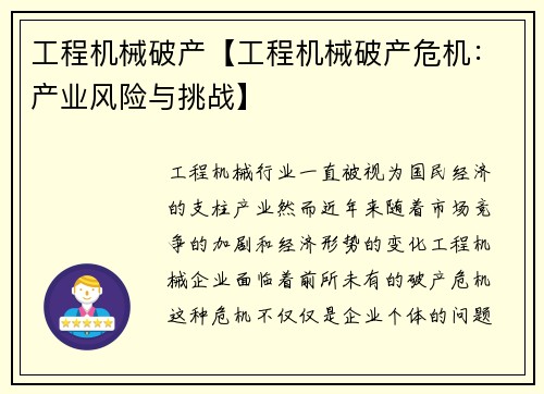 工程机械破产【工程机械破产危机：产业风险与挑战】